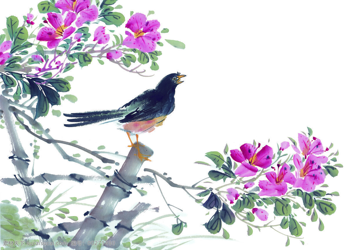 小鸟免费下载 动物 花丛 喜鹊 小鸟 油墨画 中华艺术绘画 文化艺术