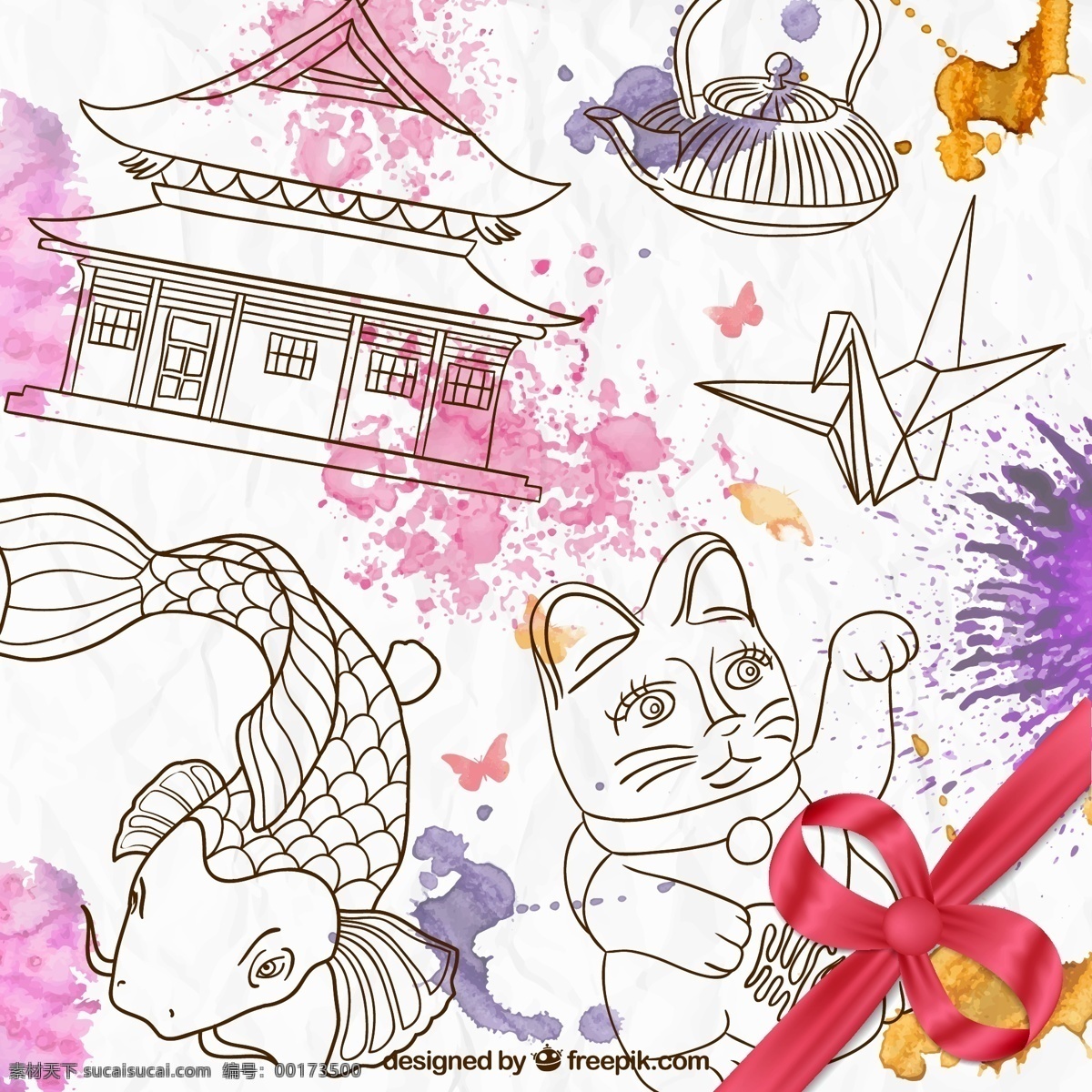 日本元素 创意 日本 无缝背景 折扇 鱼 鲤鱼 灯笼 水壶 千纸鹤 花卉 花朵 寿司 紫菜卷 平面素材