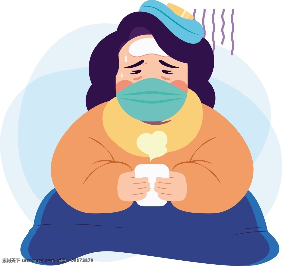 生病 感冒 发烧 咳嗽 肺炎 口罩 输液 预防 治疗 刷牙 喝汤 照顾病人 武汉 护士 矢量素材