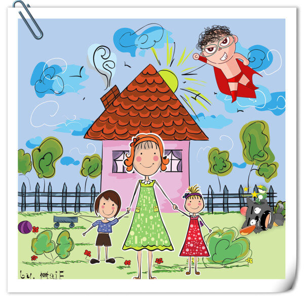 卡通漫画 一家人 房子 卡通画 绿树 妈妈 手绘画 小孩 卡通 动漫 可爱