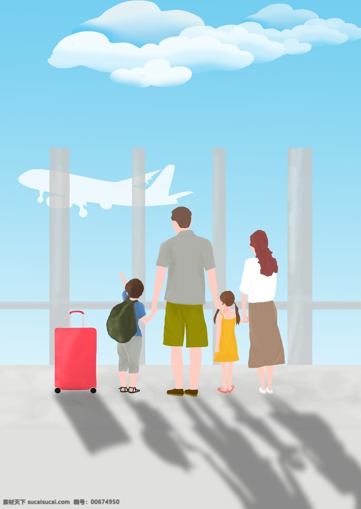 家庭 亲子 出游 插画 海报 背景 爸爸 妈妈 儿子 女儿 一家四口 旅游 飞机 行李 候机 蓝色 白色 开心 机场 出国