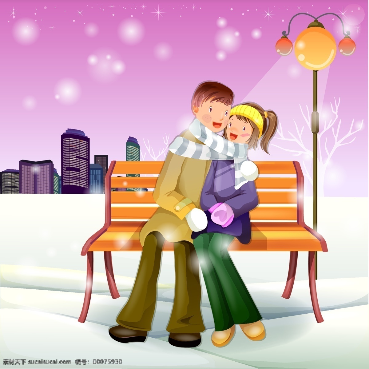 情侣 相 拥 坐在 长椅 上 矢量 城市 灯光 路灯 圣诞节 时尚情侣 围巾 星空 星星 模板下载 雪花 矢量图 矢量人物