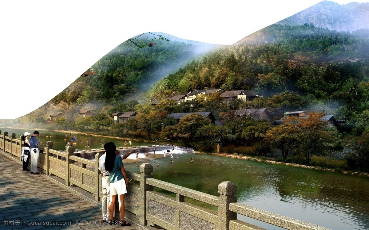 美丽的山村 山下 树木 意境 旅游景点 河道 建筑设计 环境设计 源文件