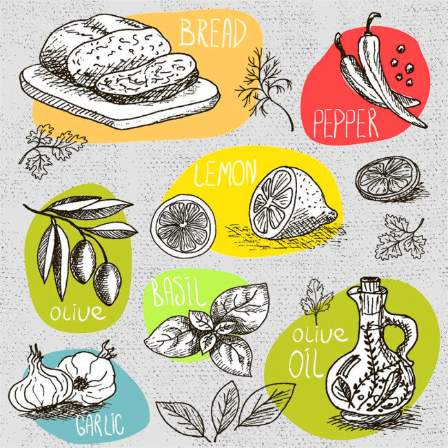 素描 蔬菜 橄榄油 卡通 可爱 素材免费下载 矢量 插画 卡通植物 辣椒 大蒜