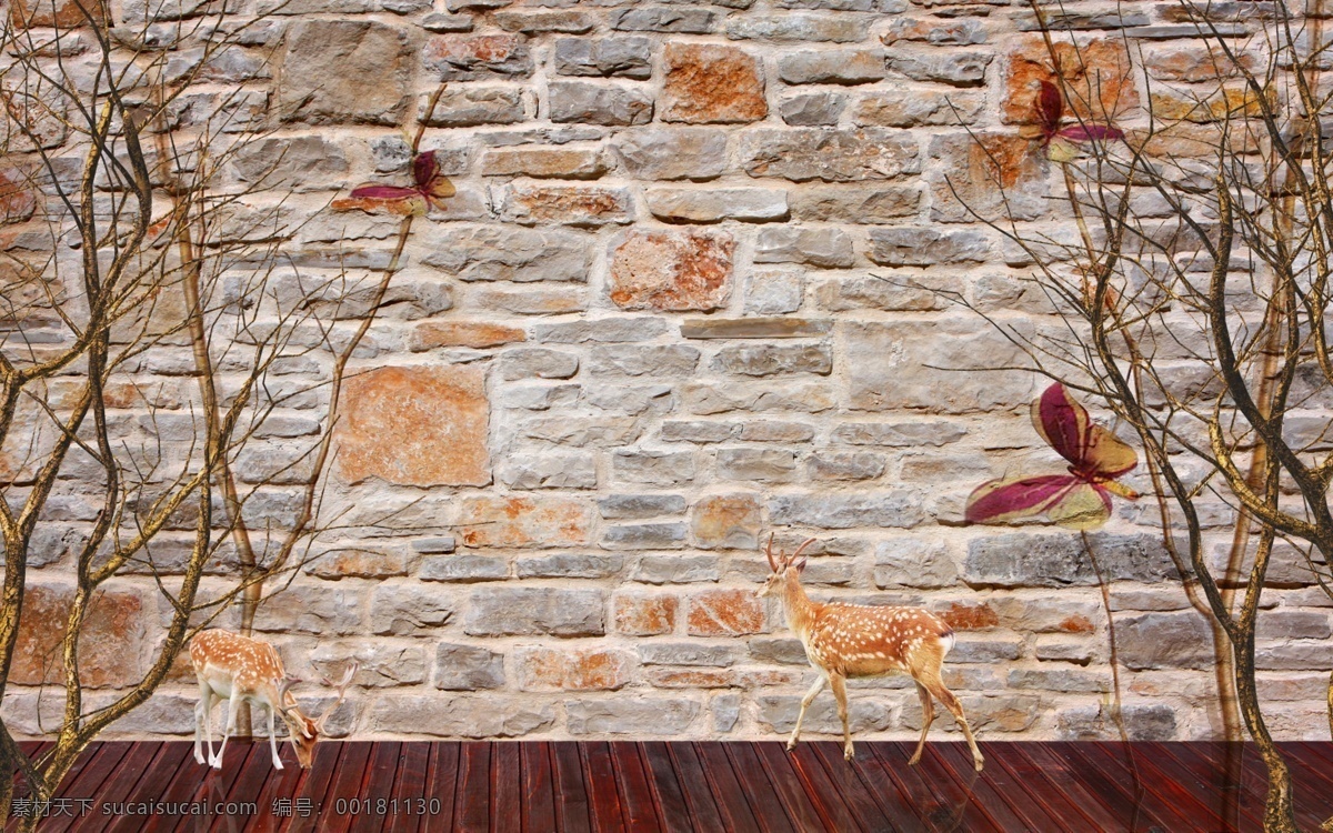 砖墙 树枝 蝴蝶 背景 墙 鹿 背景墙 3d 花卉 分层