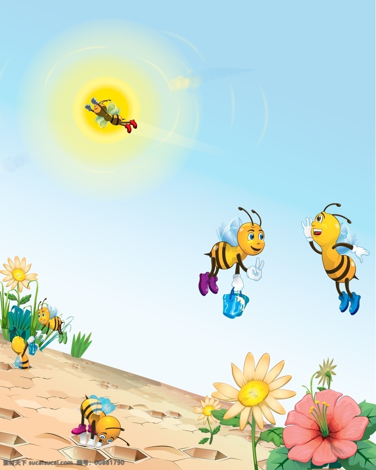 风景 蜂窝 广告设计模板 花 卡通 卡通花 太阳花 小蜜蜂 两只小蜜蜂 蜜蜂采花 蜜蜂酿蜜 移门 移门图案 源文件 装饰素材