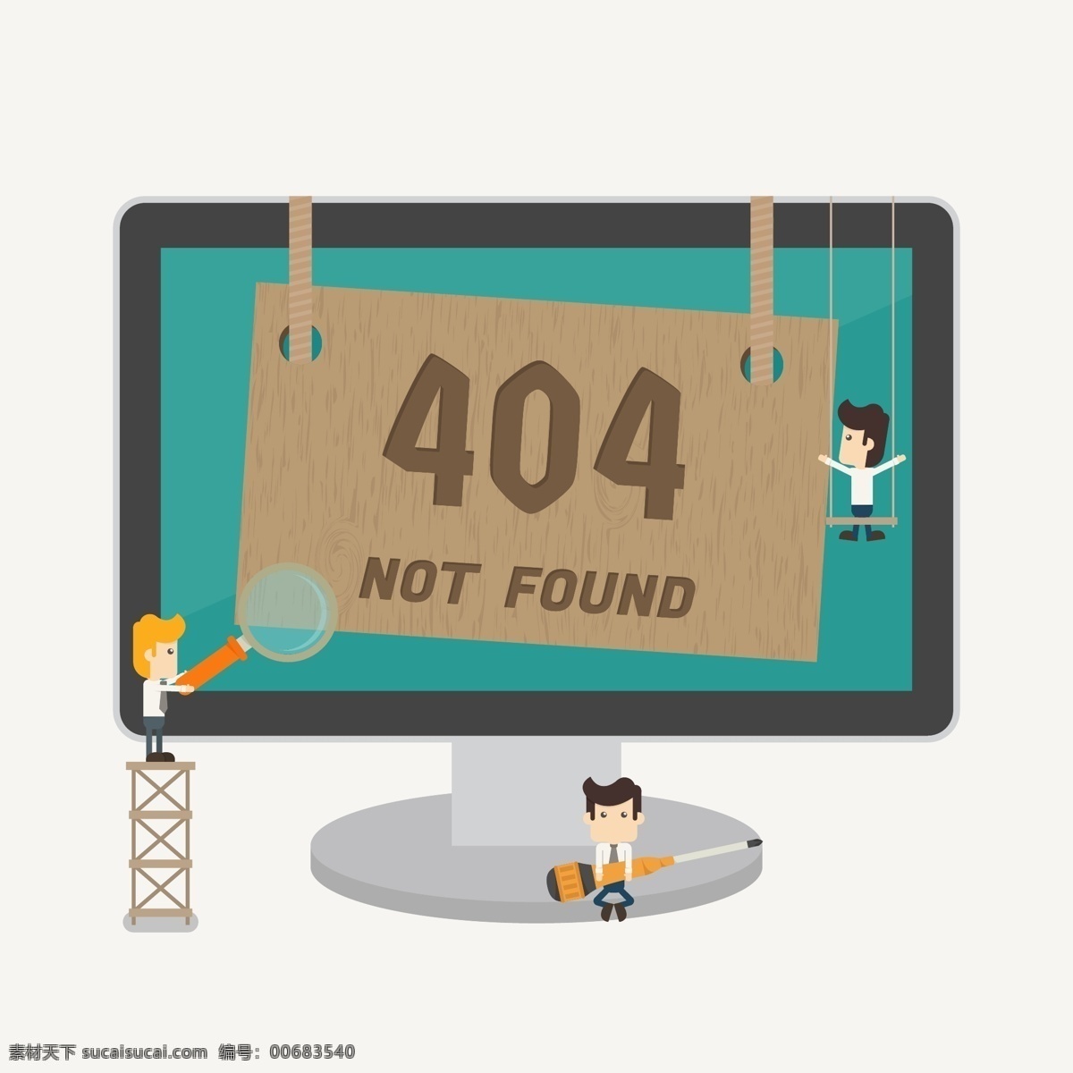 显示器 卡通 人物 卡通人物 工具 404页面 网站模板 标志图标 矢量素材 白色