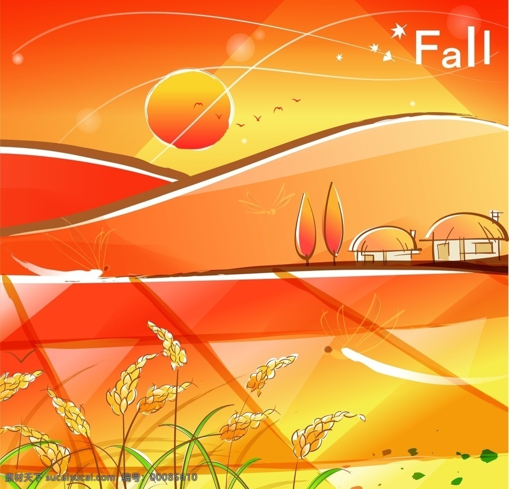 秋天的稻田 秋天 夕阳 落日 背景 稻田 卡通 蜻蜓 麦穗 丰收 手绘 艺术 矢量素材 卡通设计