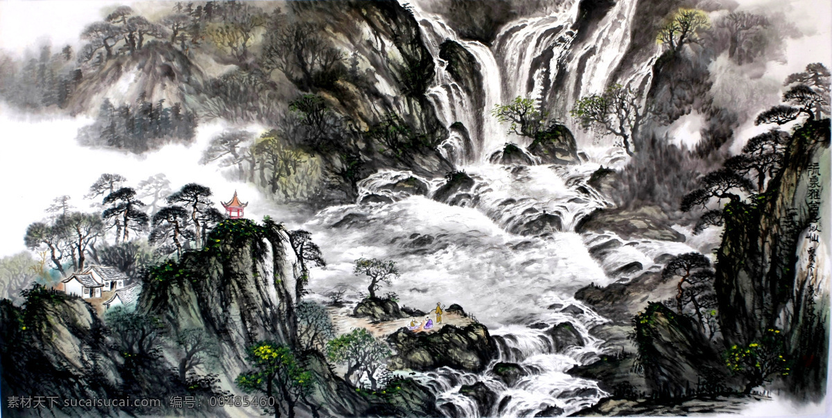 彩墨画 房屋 风景 工笔 古典 古建 国画 绘画书法 胜境 观 瀑 设计素材 模板下载 胜境观瀑 山谷 山峰 山石 岩石 松树 杂树 树木 树干 树叶 野草 瀑布 流水 亭台 游客 水墨画 装饰 民族风 中国元素 水墨重彩 文化艺术