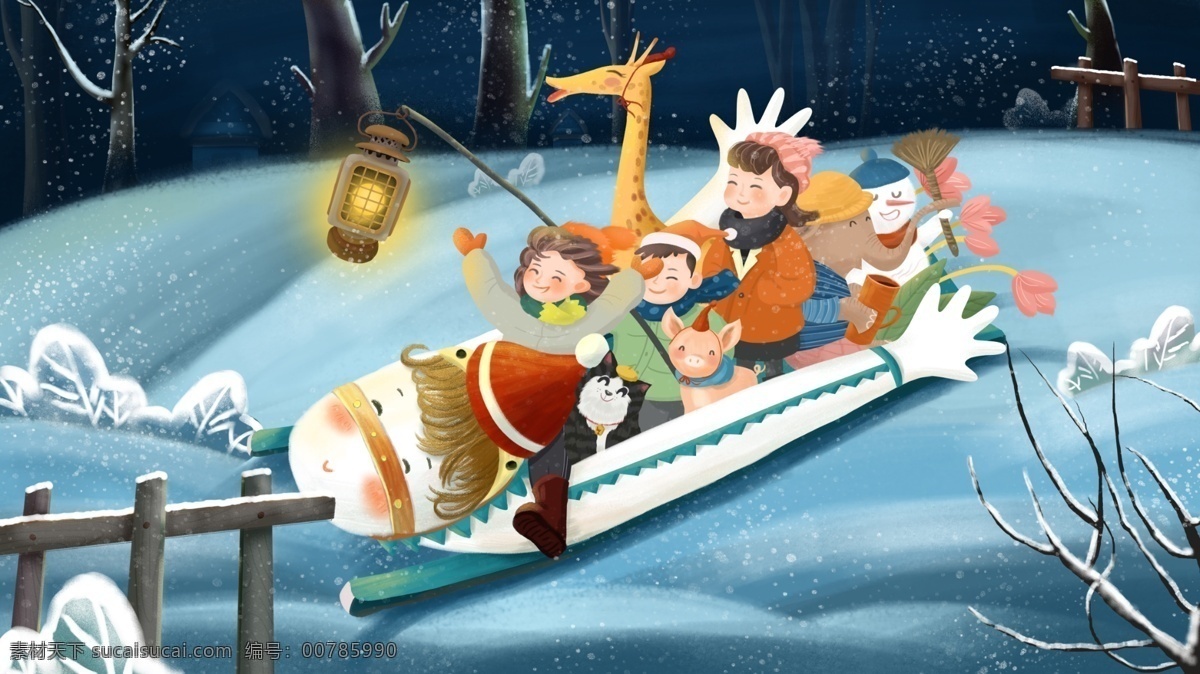 原创 手绘 插画 冬天 你好 儿童 玩 雪橇 冬季 动物 大象 猫 冬天你好 孩子 女孩 男孩 长颈鹿 猪 树 手绘插画 雪人