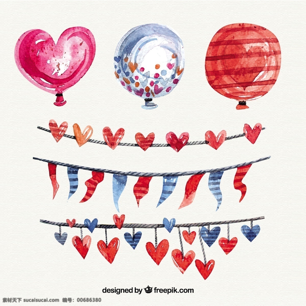 水彩画 心 气球 生日快乐 方 明星 一方面 标签 手绘的 可爱的 庆祝 高兴 糖果 帽子 花环 生日聚会 手绘