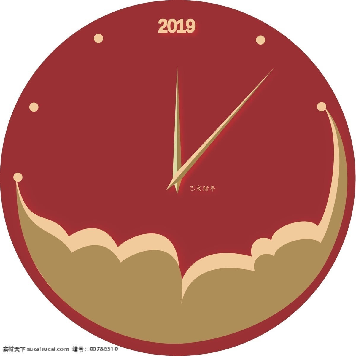 2019 年 创意 钟表 2019年 己亥猪年 立体风格 创意钟表 暗红 烫金 迎新 云朵 新年新气象 指针 免扣png图