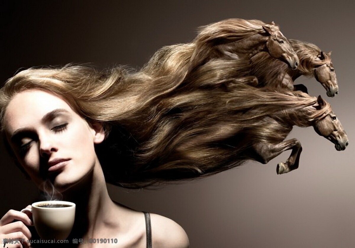 美女 头发 上 马 动物 动物世界 创意摄影 美女图片 喝咖啡 金发 外国美女 奔跑的马 头发与马 创意图片 人物图片