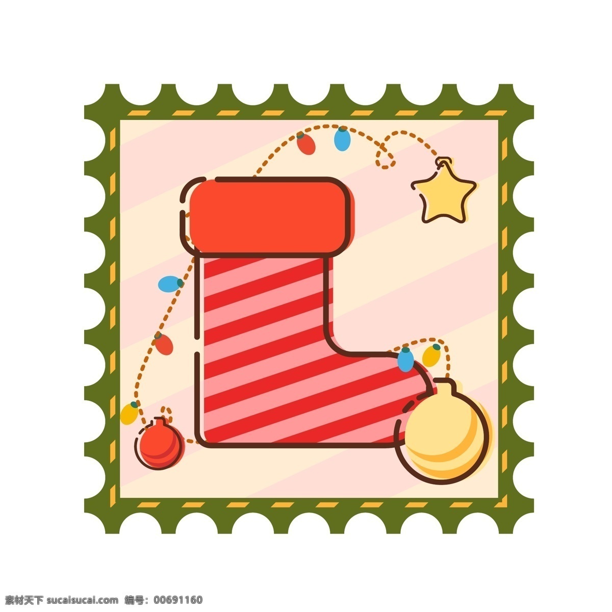 原创 可爱 卡通 圣诞 邮票 袜子 铃铛 星星 装饰 元素 圣诞节 可商用 设计元素