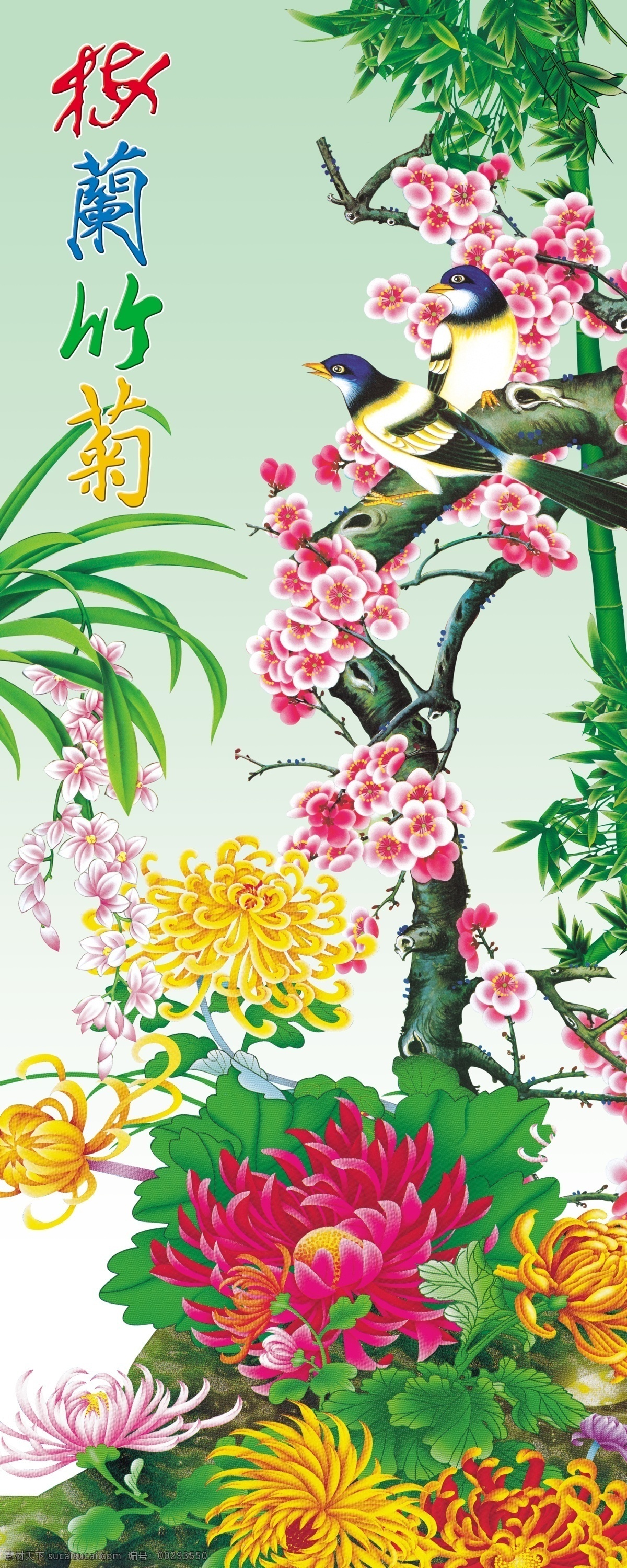 梅兰竹菊 梅花 兰花 竹子 菊花 四君子 花鸟 分层 源文件库