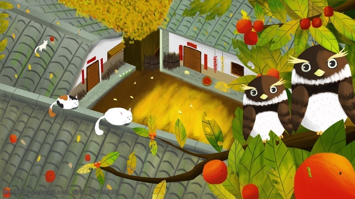 二十四节气 寒露 小 庭院 插画 小鸟 树木 屋顶 猫