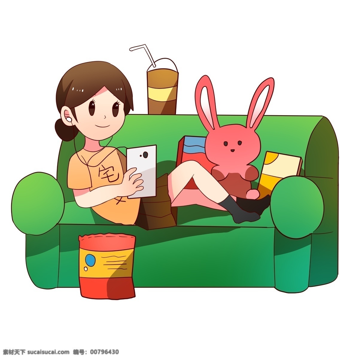 手绘 玩 手机 宅 女 插画 玩手机的女孩 绿色的沙发 红色的兔子 卡通插画 手绘宅女插画 红色的零食袋