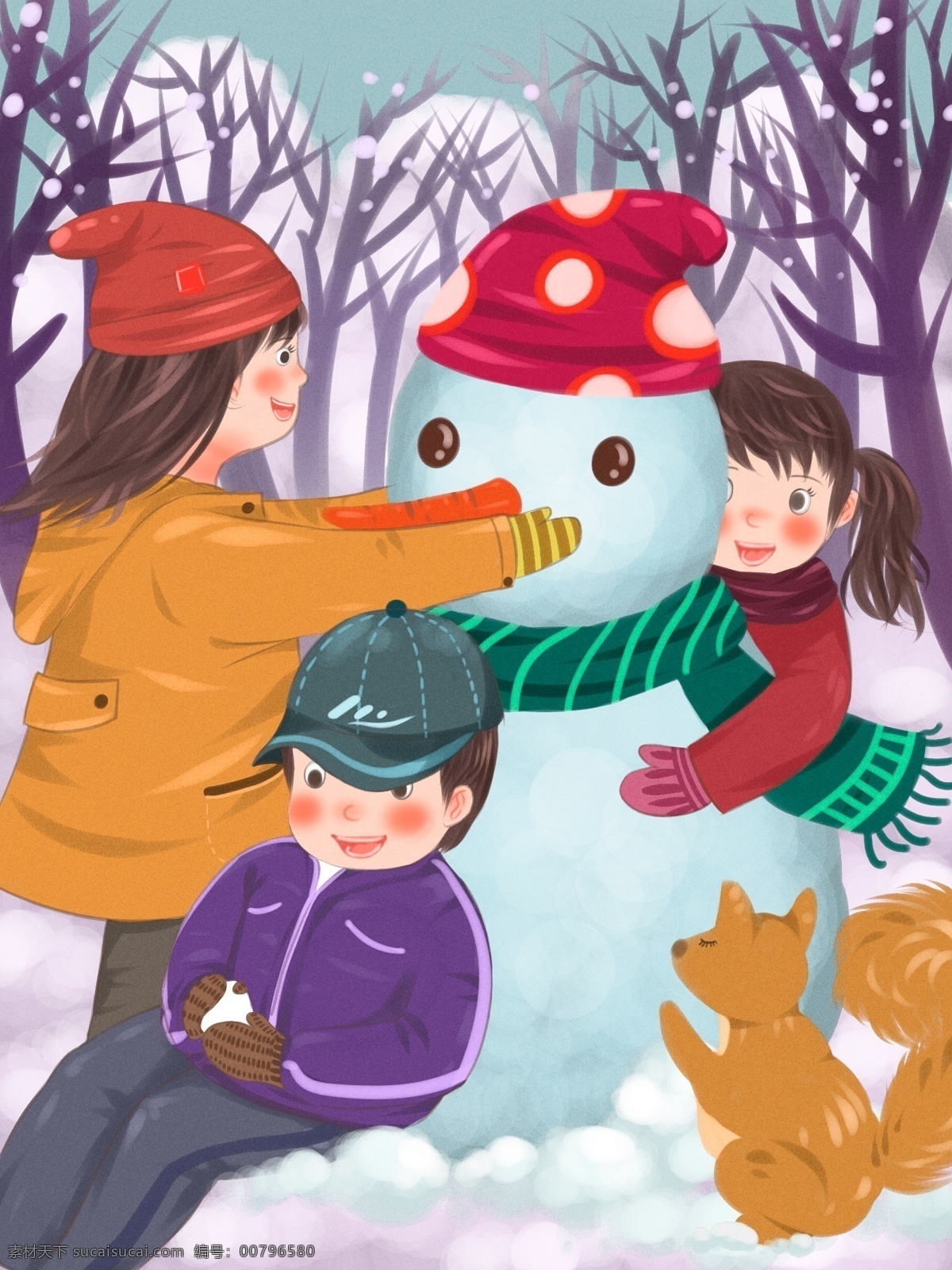 堆 雪人 打雪仗 孩子 一起 玩 雪堆 扁平 插画 树林 雪山 松鼠 堆雪人打雪仗 儿童 玩雪 积雪