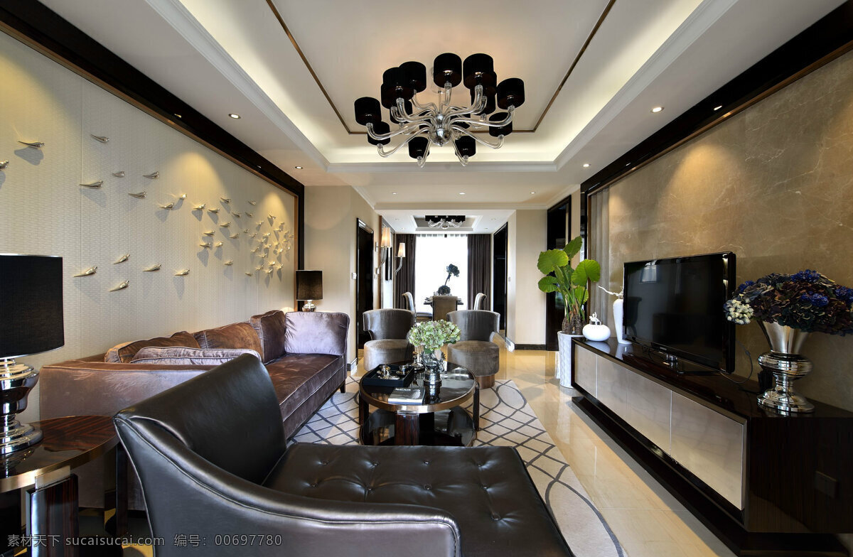 现代 时尚 客厅 亮 背景 墙 室内装修 效果图 白色地板 黑色吊灯 客厅装修 皮质沙发