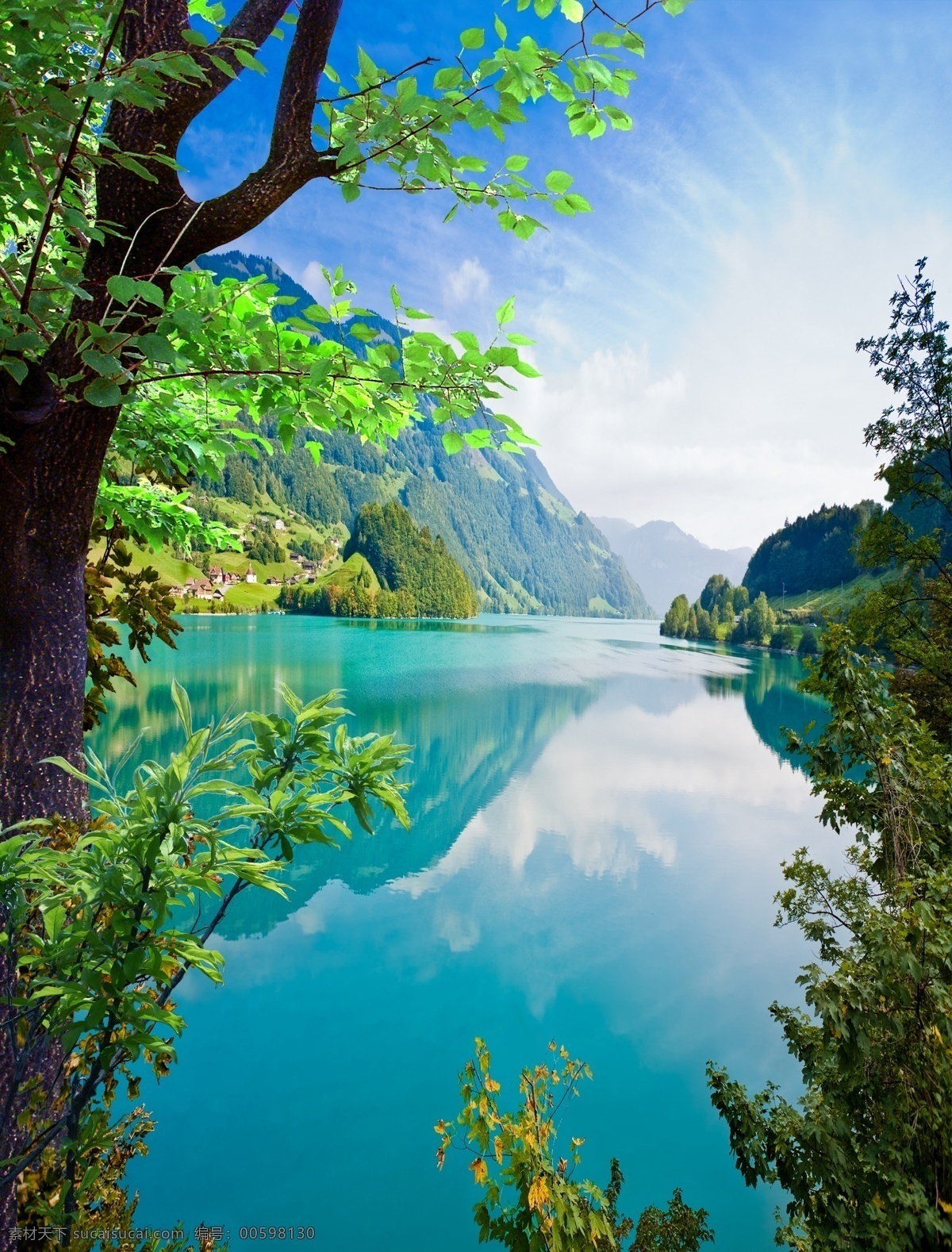 山水风景 树 水 山 海 树木 风景画 山水画 蓝天 白云 背景 分层 源文件