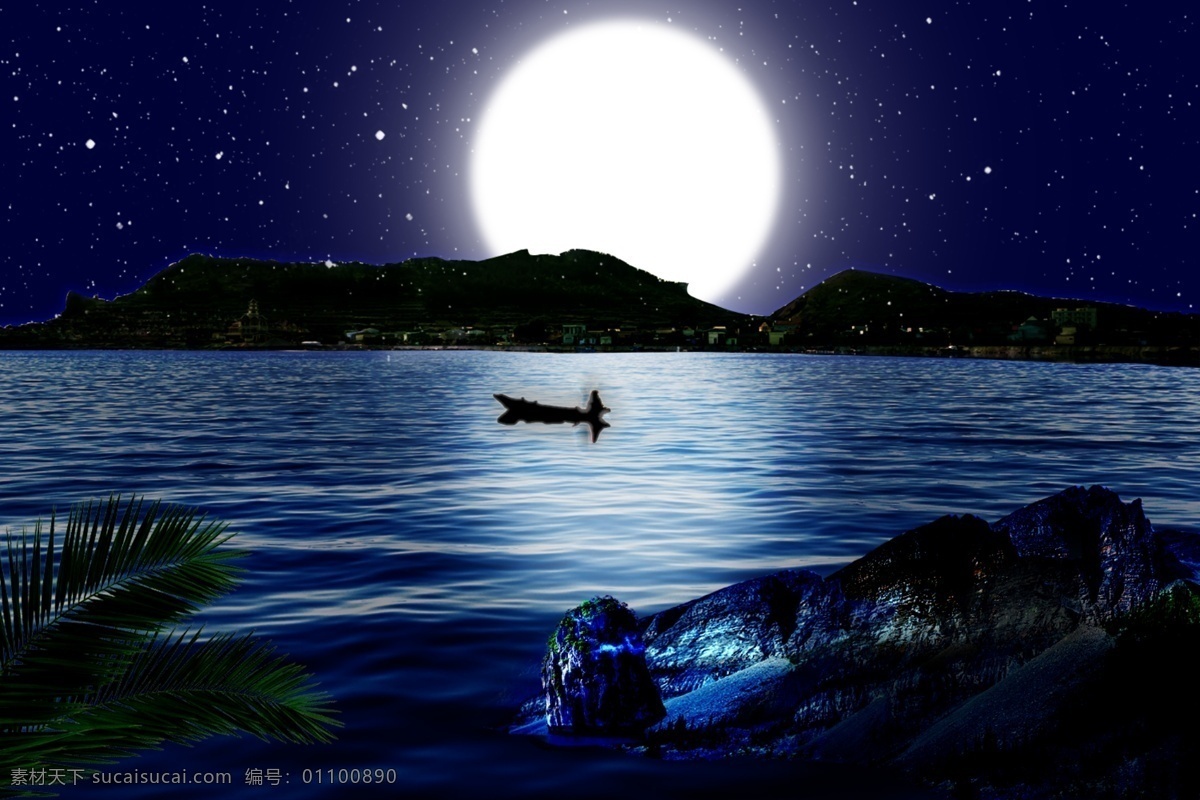 安静的夜色 月亮 船 人 山 水 河 星星 星空 风景 晚上 夜色 蓝色 自然景观 自然风光