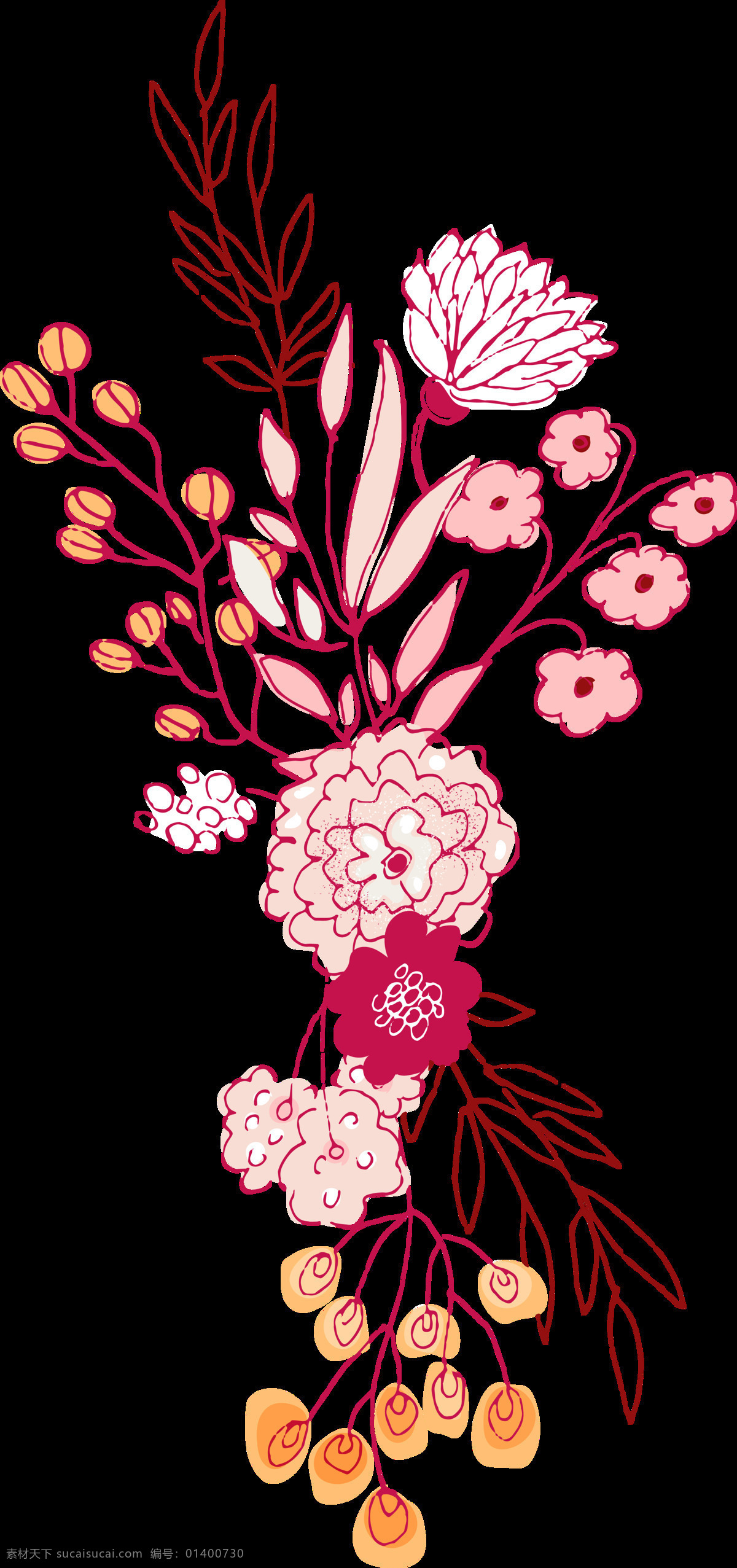 手绘 插画 装饰 花卉 透明 粉红色 红色 橘色 免扣素材 水彩 素描 透明素材 线性 渲染 装饰图案