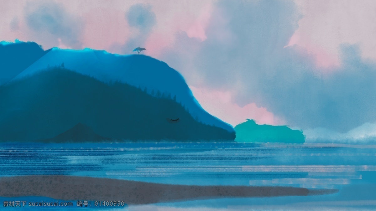 浪漫 手绘 海上 风景 广告 背景 广告背景 大海 高山 蓝天 雨雾 油画