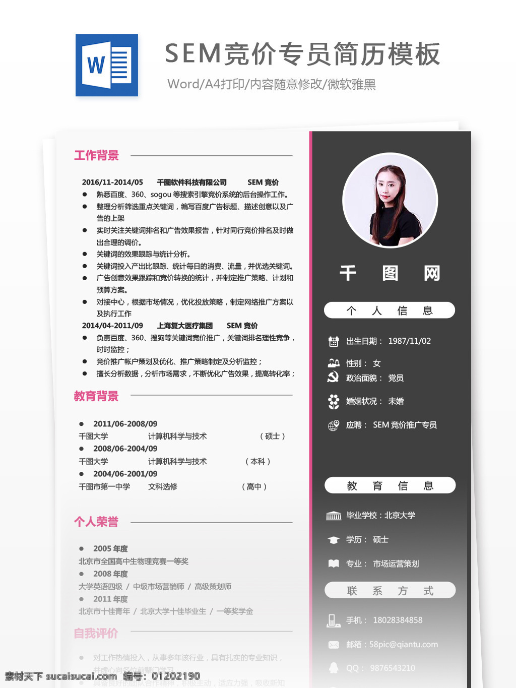 sem 竞价 推广 专员 简历 信息 个人简历 简历模板 商务 简约 个人简历模板 求职简历 应聘简历 13年 it 推广专员 sem竞价 拼色 通用