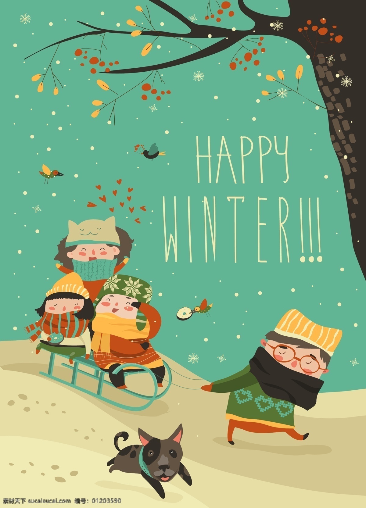 冬季 冬季素材 滑雪 卡通 人物 卡通人物 树木 小狗