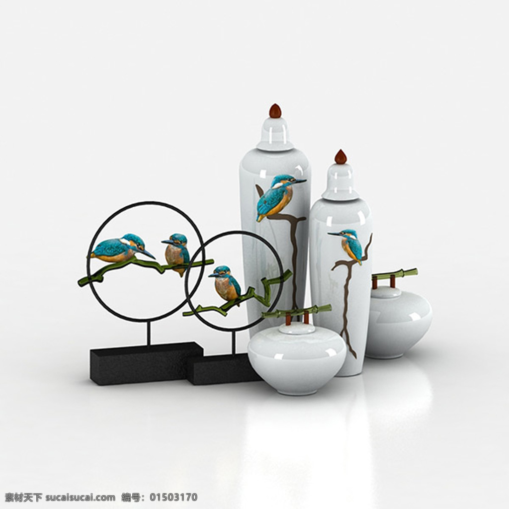 陶瓷 瓶 组合 模型 翠鸟摆件 玻璃 竹子 陶瓷瓶 组合模型 max 白色