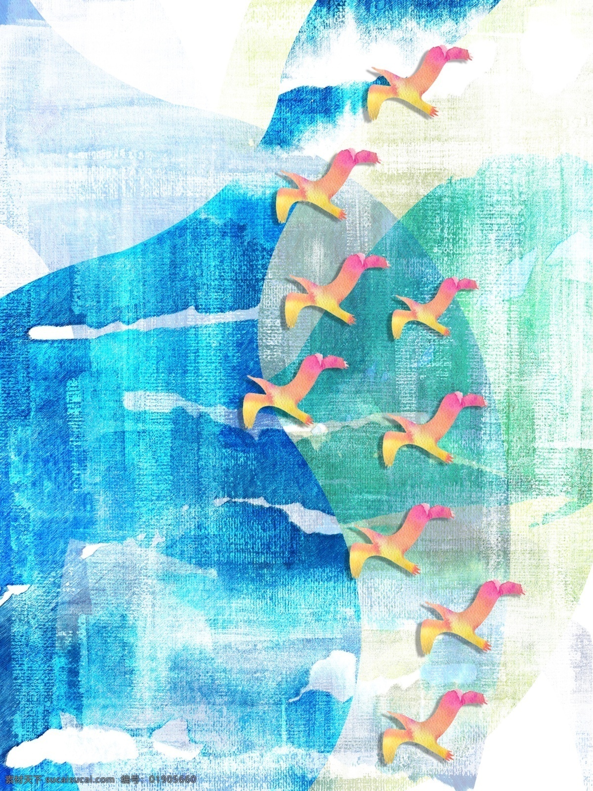 现代 简约 渐变 粉色 飞鸟 客厅 装饰画 蓝色抽象背景 肌理 现代唯美 现代装饰画 一联画