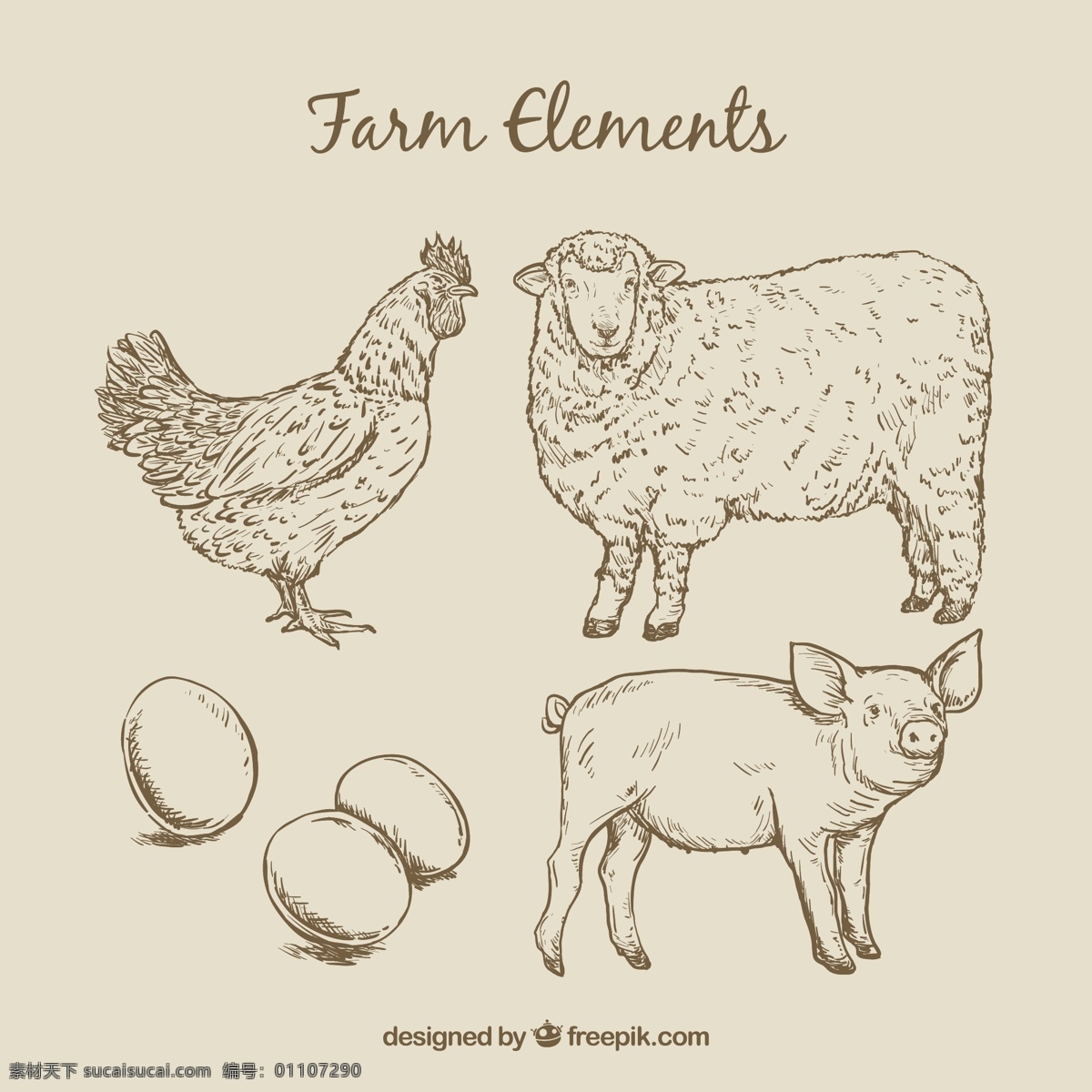 素描 农场 动物 蛋 手 自然 手工绘制 绵羊 蔬菜 鸡 生态 猪 有机 绘图 环境 农民 地面 农场动物 生态友好 粉色