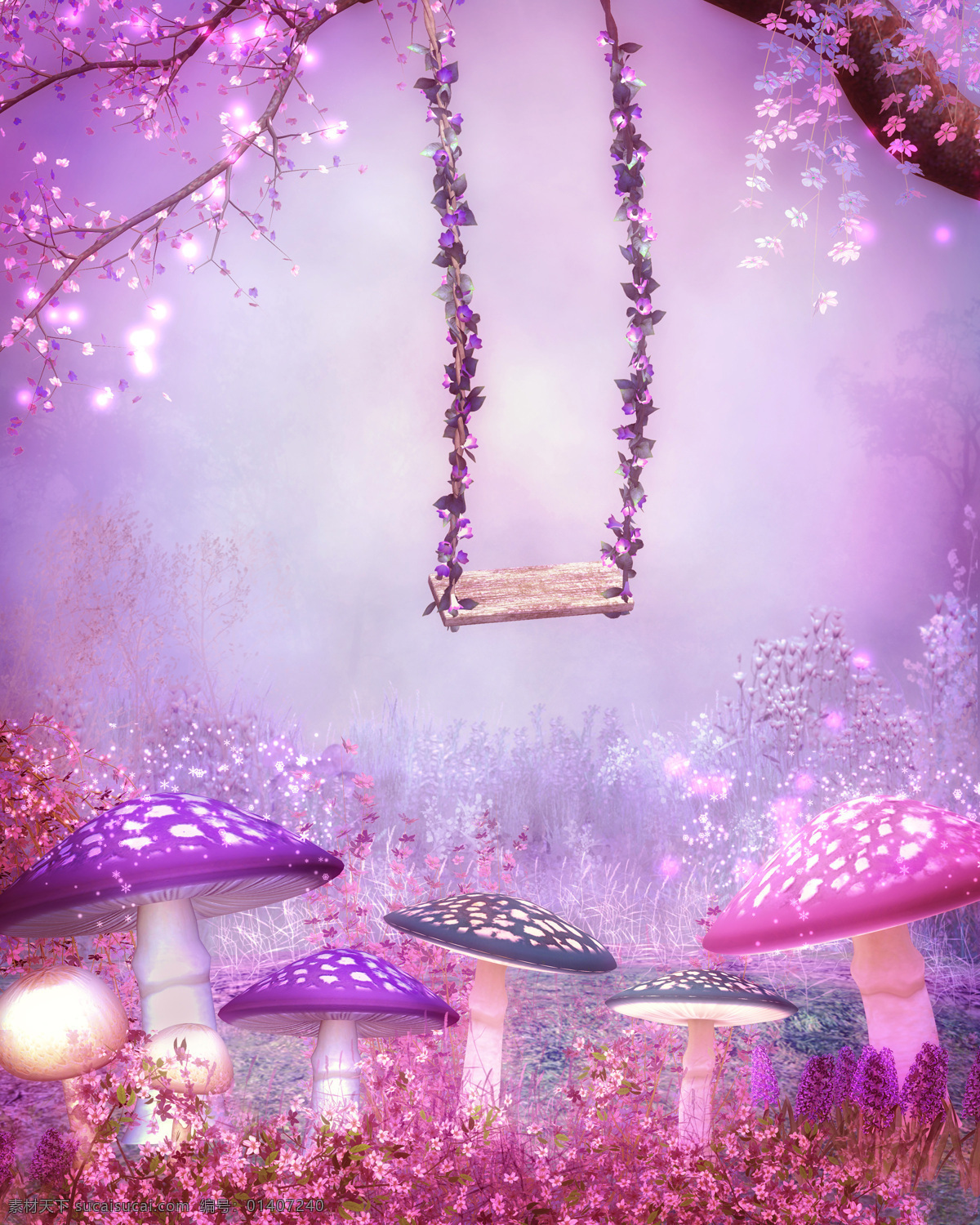 紫色 唯美 蘑菇 秋千 背景 紫色唯美 动画场景 梦幻 树木 背景制作 动漫动画 风景漫画