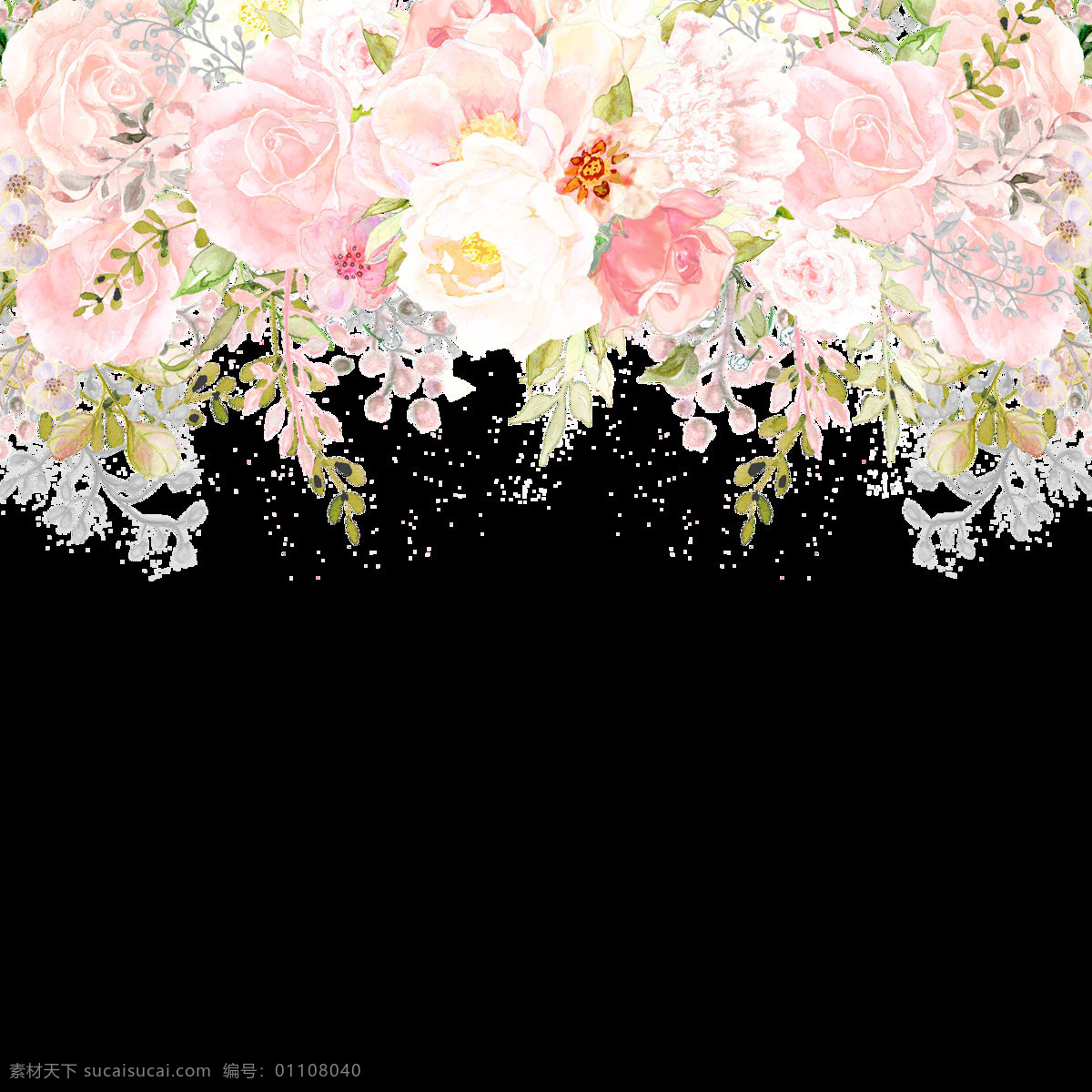 手绘 唯美 韩式 花卉 透明 白色 淡雅 粉红色 玫瑰花 免扣素材 水彩 透明素材 叶子 装饰图案