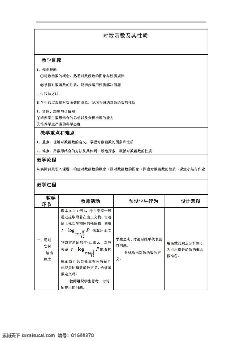 数学 人教 新 课 标 a 版 对数 函数 及其 性质 必修1 教案