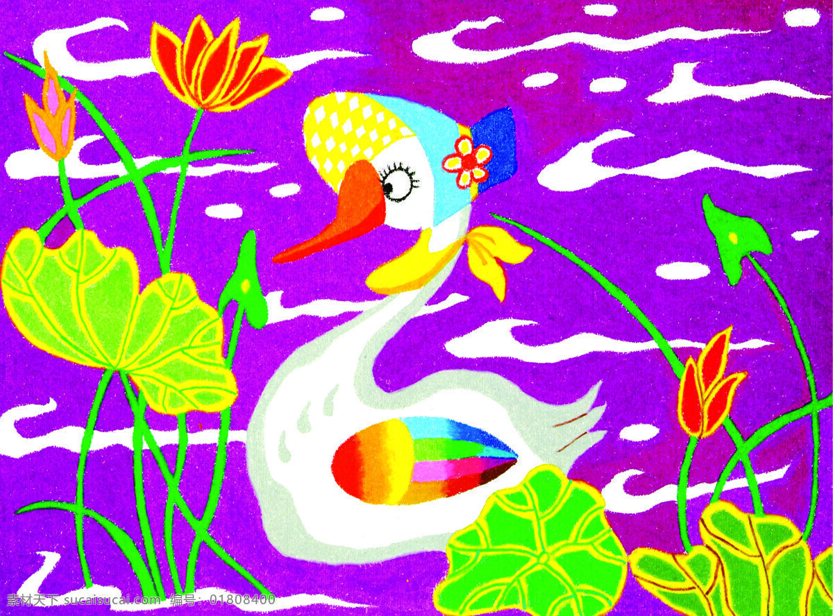 小天鹅 动漫动画 动漫人物 儿童画 色彩鲜艳 童趣 设计素材 模板下载 油画棒画 装饰素材 无框画