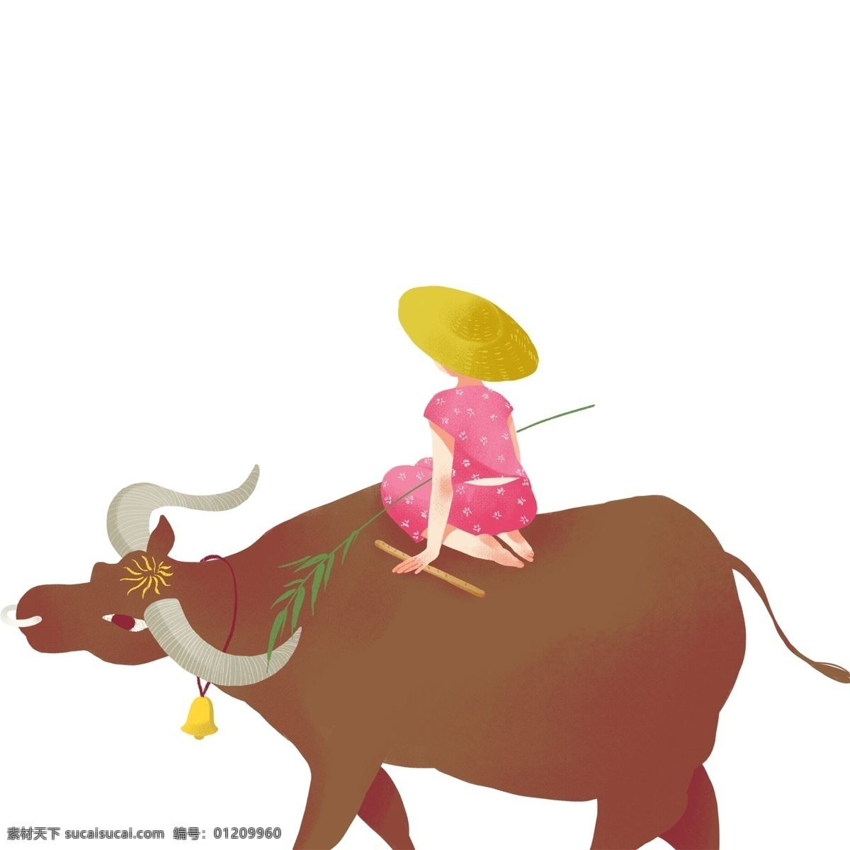 女孩 骑 牛 免 抠 图 女孩骑牛马 黄色帽子 卡通动物 动物插画 小动物 大型动物 小牛 可爱的动物