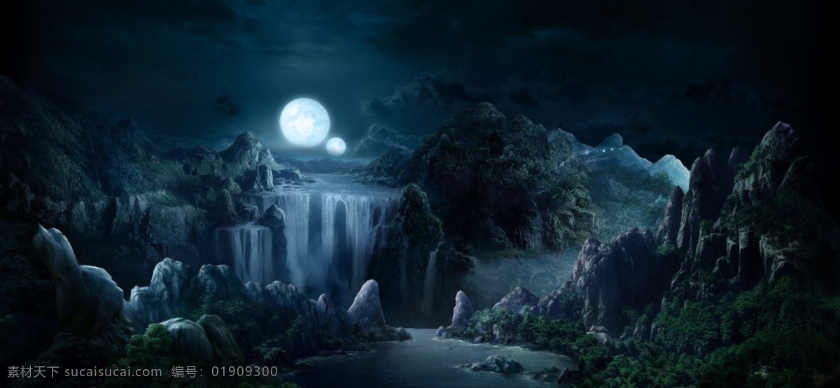 梦幻风景 梦幻 瀑布 山谷 峡谷 幽静 寂静 森林 树林 月亮 夜晚 神秘 风景 分层 源文件