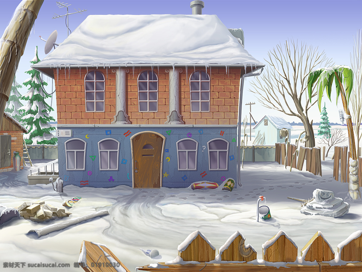 卡通 冬天 风景 冬季 雪地 房屋 冰 雪景 卡通风景 自然 插画 手绘 绘画 儿童画 高清图片 风景图片