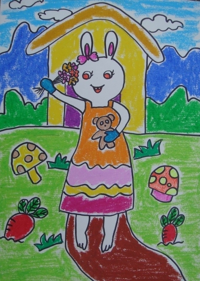 儿童画 小白兔 房子 蘑菇 云朵 小路 绘画书法 文化艺术