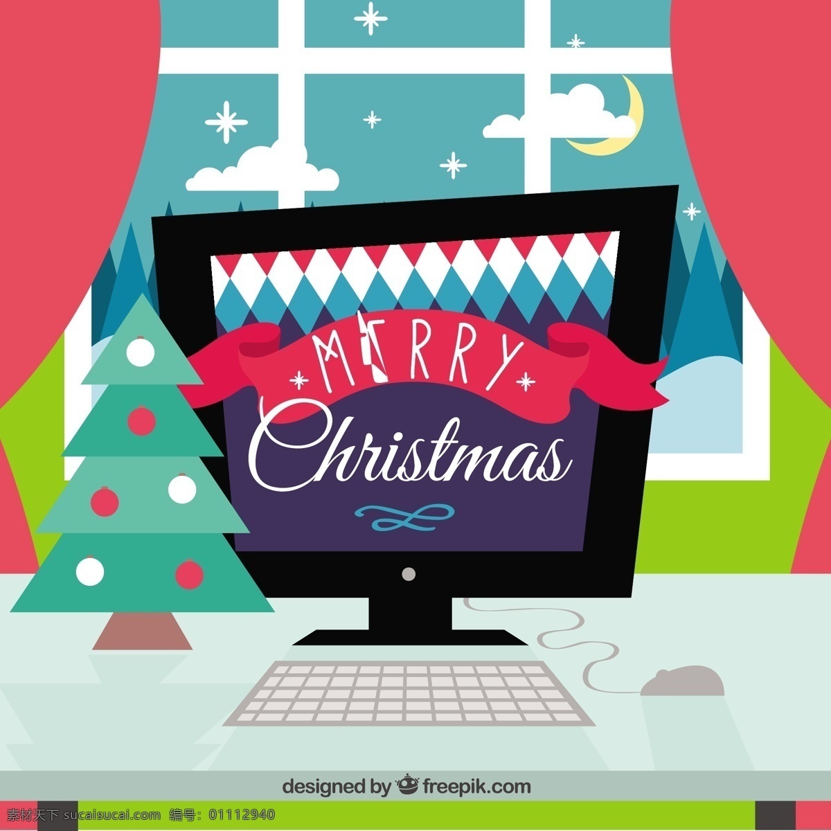 圣诞节 卡通 电脑 丝带 圣诞树 计算机 几何 圣诞快乐 冬天快乐 圣诞树的颜色 星星 云 月亮 庆祝 桌子 窗户 房间 假日 鼠标 红色