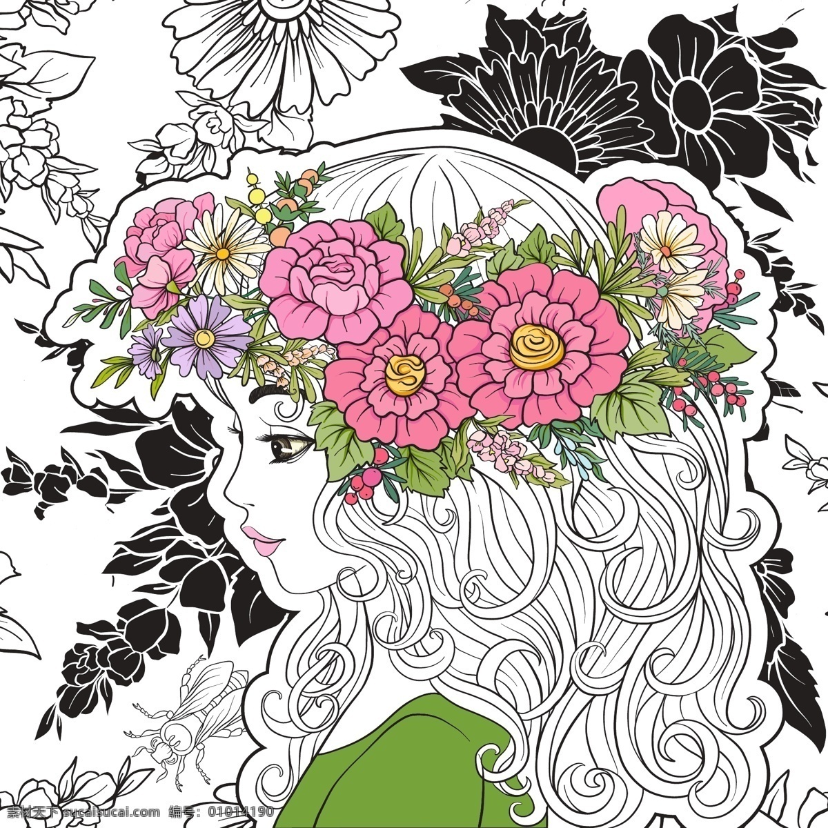 手绘 头 戴 花朵 美女 人物 插画 艺术 线条 头戴 花卉 仙子
