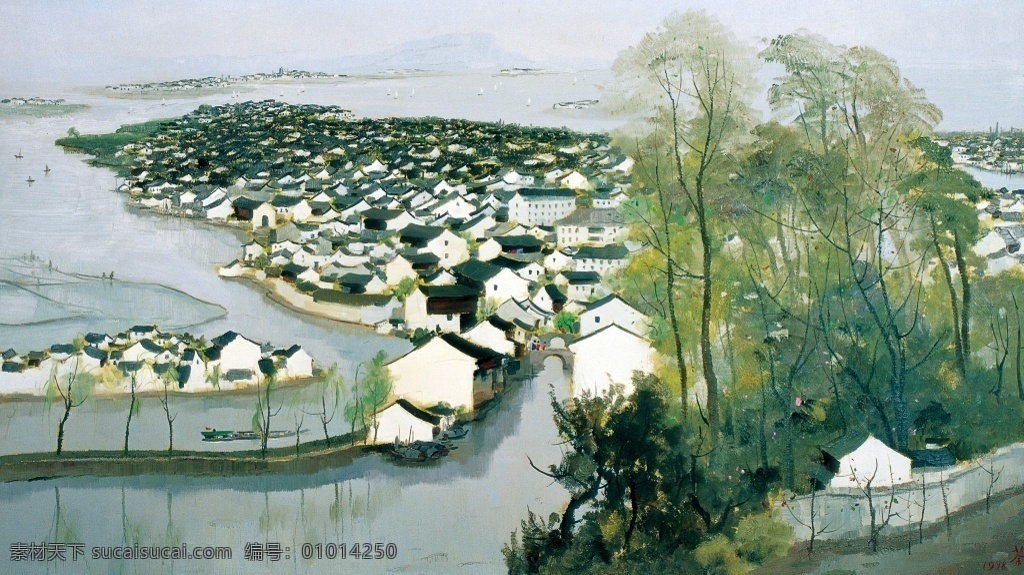 手绘 小岛 一览 装饰画 河流包围 房屋 建筑 植物