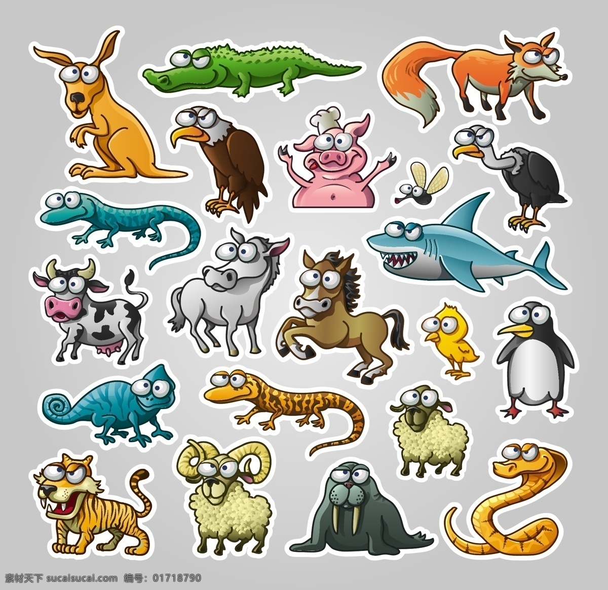 卡通 动物 贴纸 袋鼠 鳄鱼 狐狸 秃鹫 矢量 高清图片