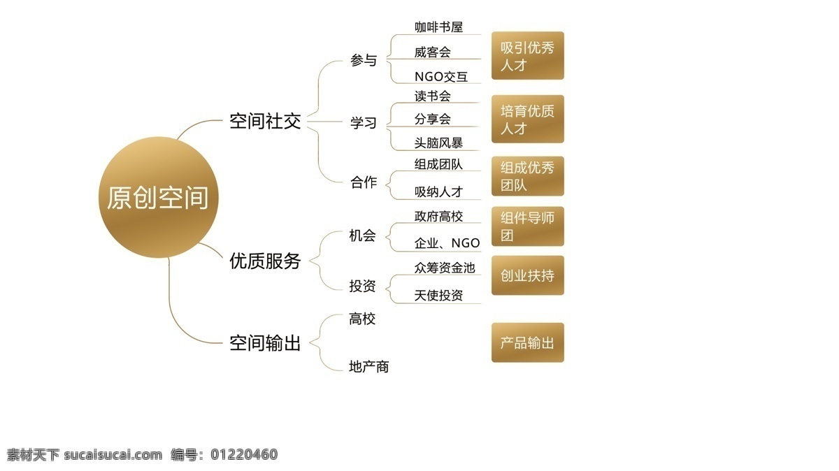 原创空间 黑金 流光金 金色渐变 可视化信息图 思维导图 思维脑图 头脑风暴 项目运营步骤 分层