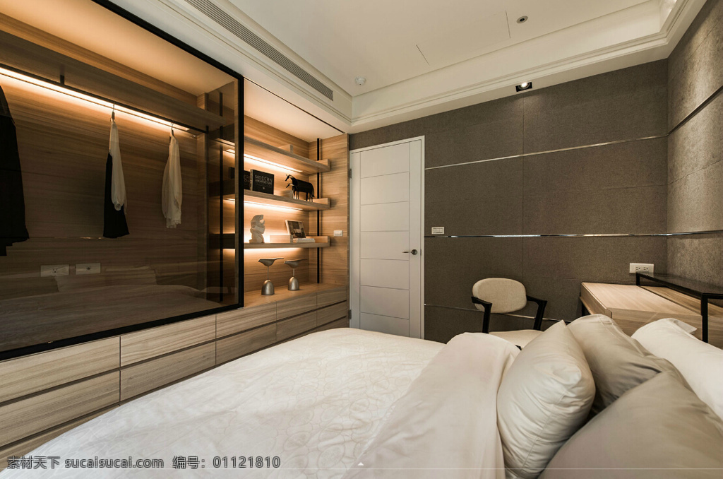 现代 简约 卧室 暖 色光 室内装修 效果图 卧室装修 褐色背景墙 白色床品 暖色光
