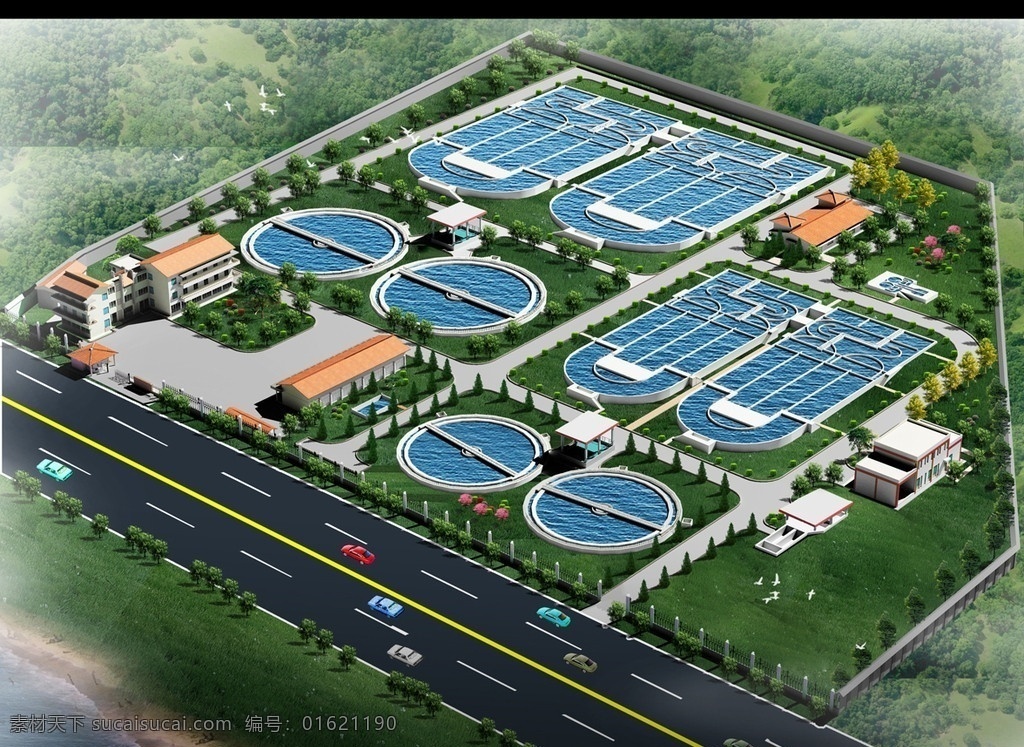 污水厂鸟瞰图 厂区 景观 园林 建筑 汽车 室外 效果图 景观设计 环境设计 源文件