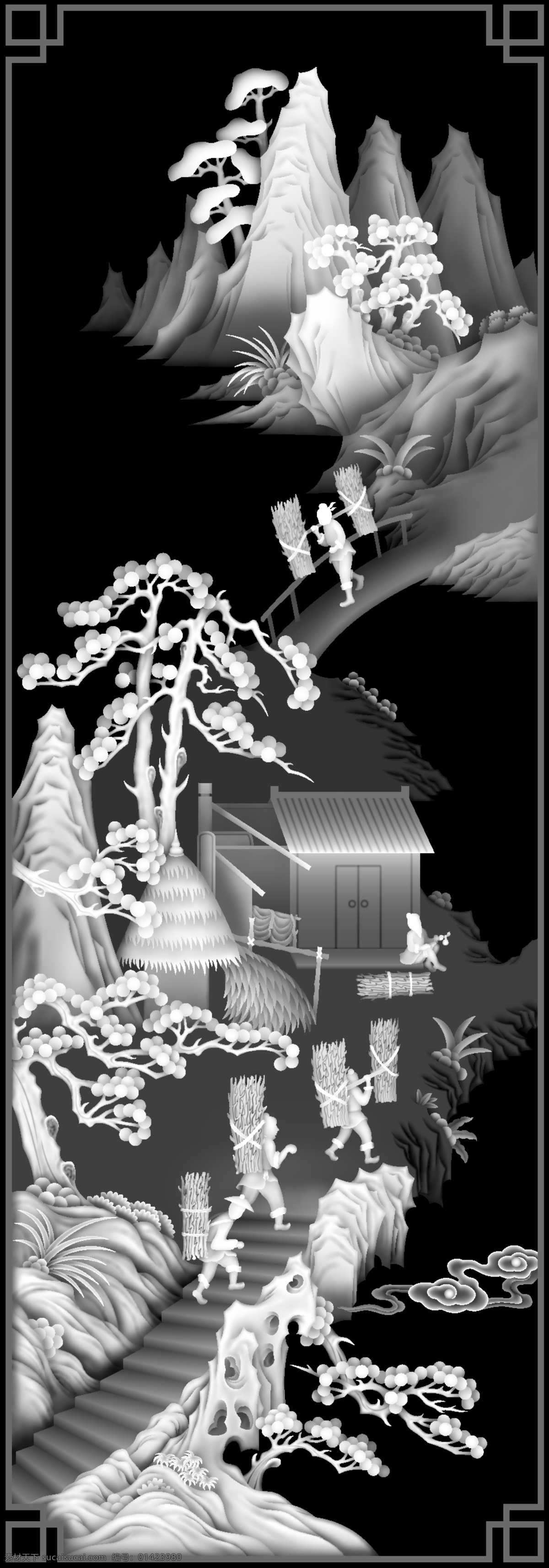 樵 灰度图 山水 人物 家具雕花 浮雕灰度图 浮雕 雕刻 浮雕用灰度图 设计图库 bmp 传统文化 文化艺术 实木浮雕
