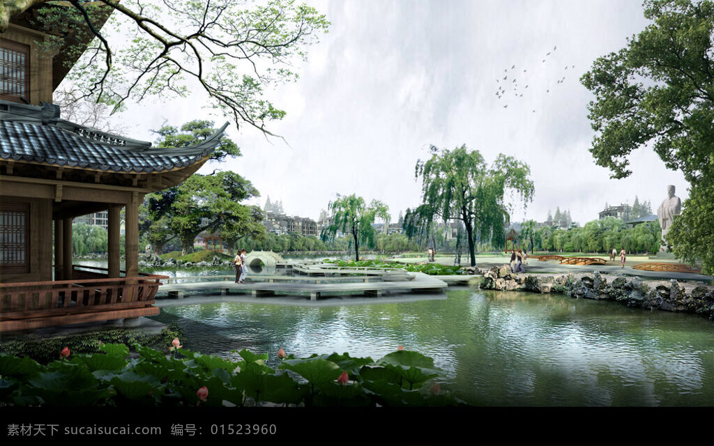 园林湖畔景观 黑色