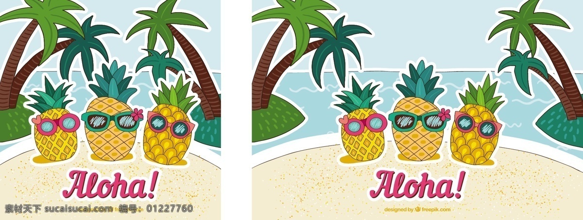 菠萝 背景 手绘 太阳镜 花卉 手 夏季 花卉背景 海滩 水果 热带 树木 棕榈 沙滩 夏季海滩 夏威夷 季节 绘制